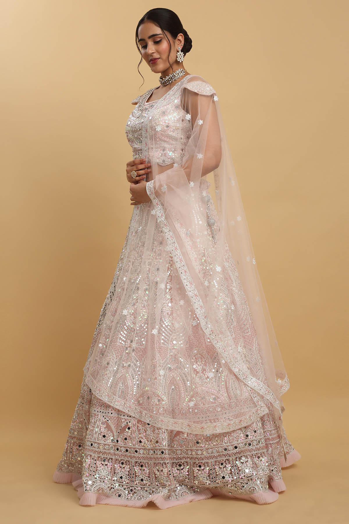Pink Net Embroidered Lehenga Set