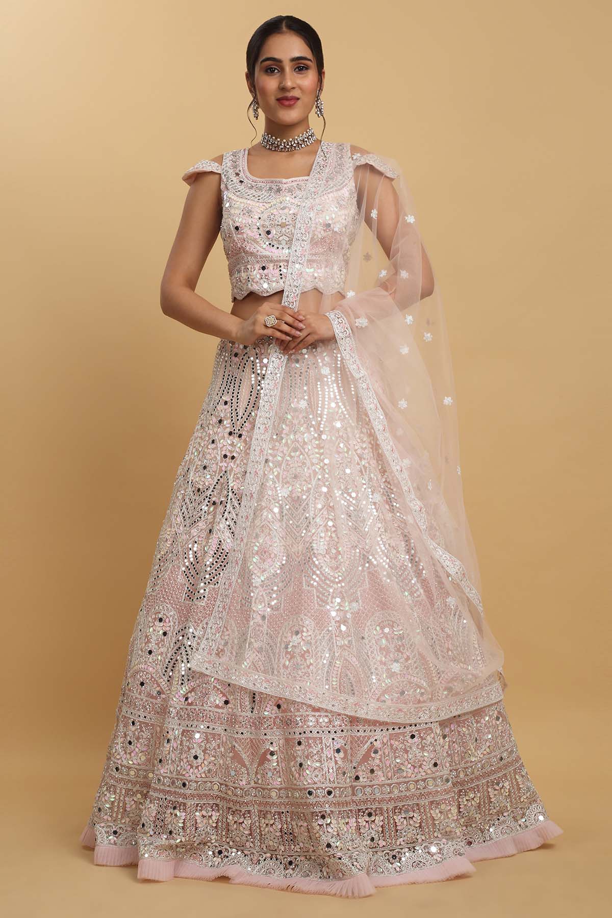 Aham Vayam Pink Net Embroidered Lehenga Set for women online at ScrollnShops