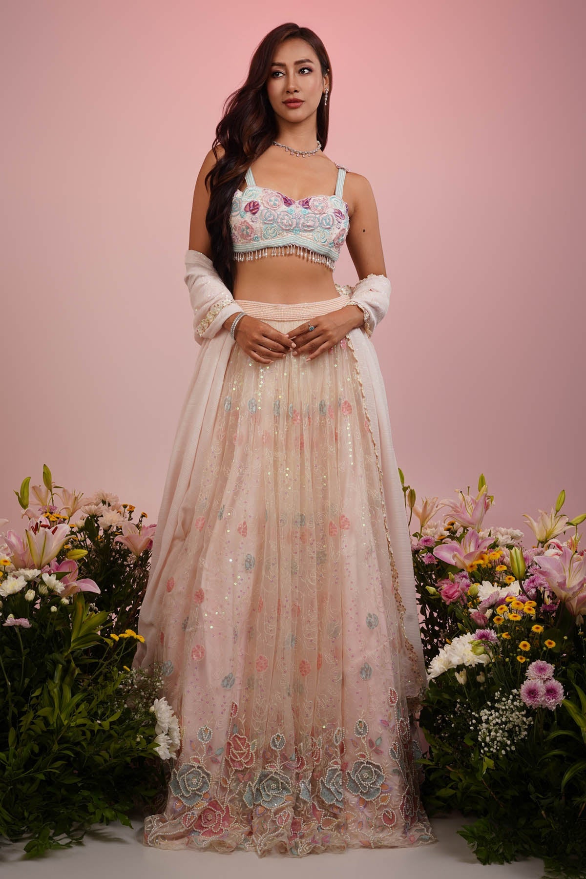 Priyanka Kar Pink Net Floral Lehenga Set for women online at ScrollnShops