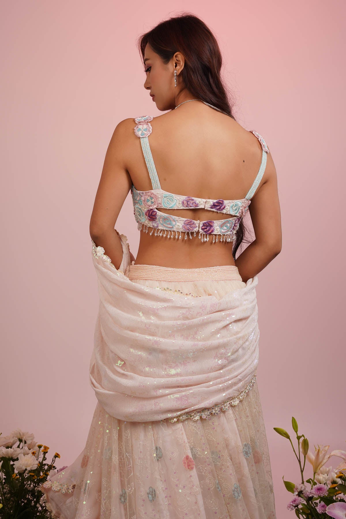 Pink Net Floral Lehenga Set