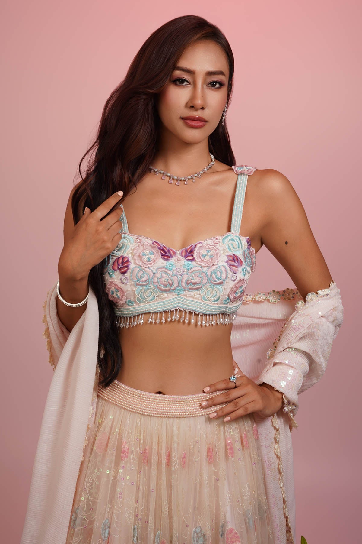 Pink Net Floral Lehenga Set