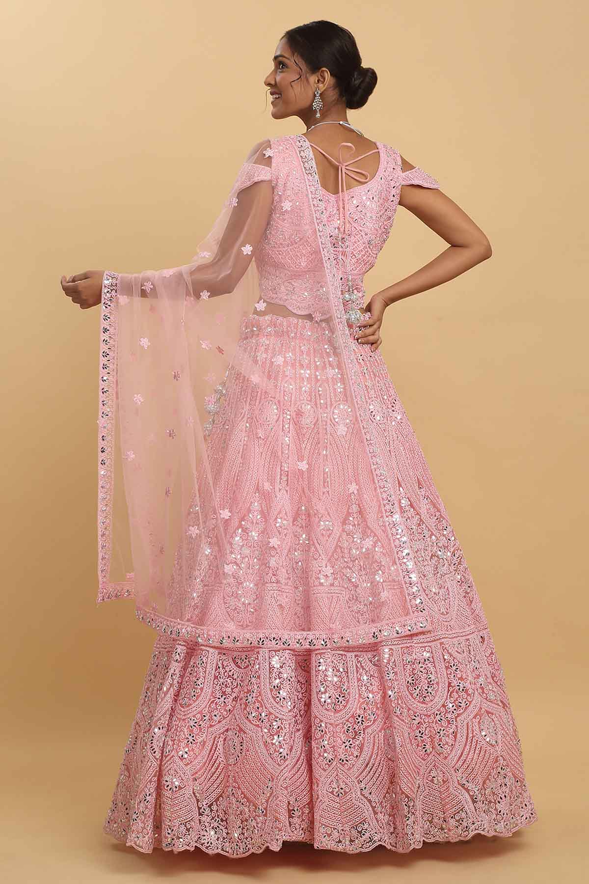 Pink Net Mirror Work Lehenga Set