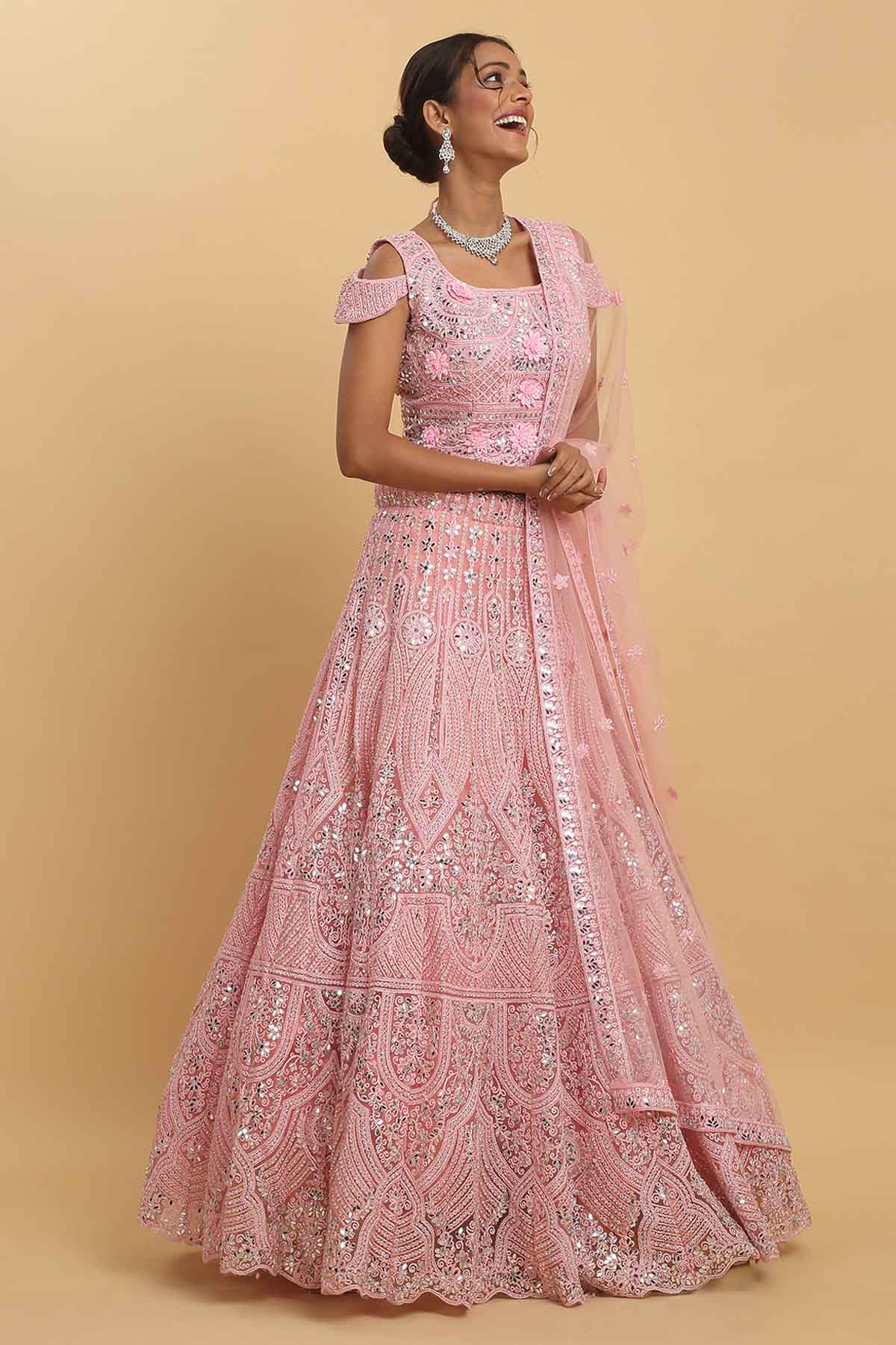 Pink Net Mirror Work Lehenga Set