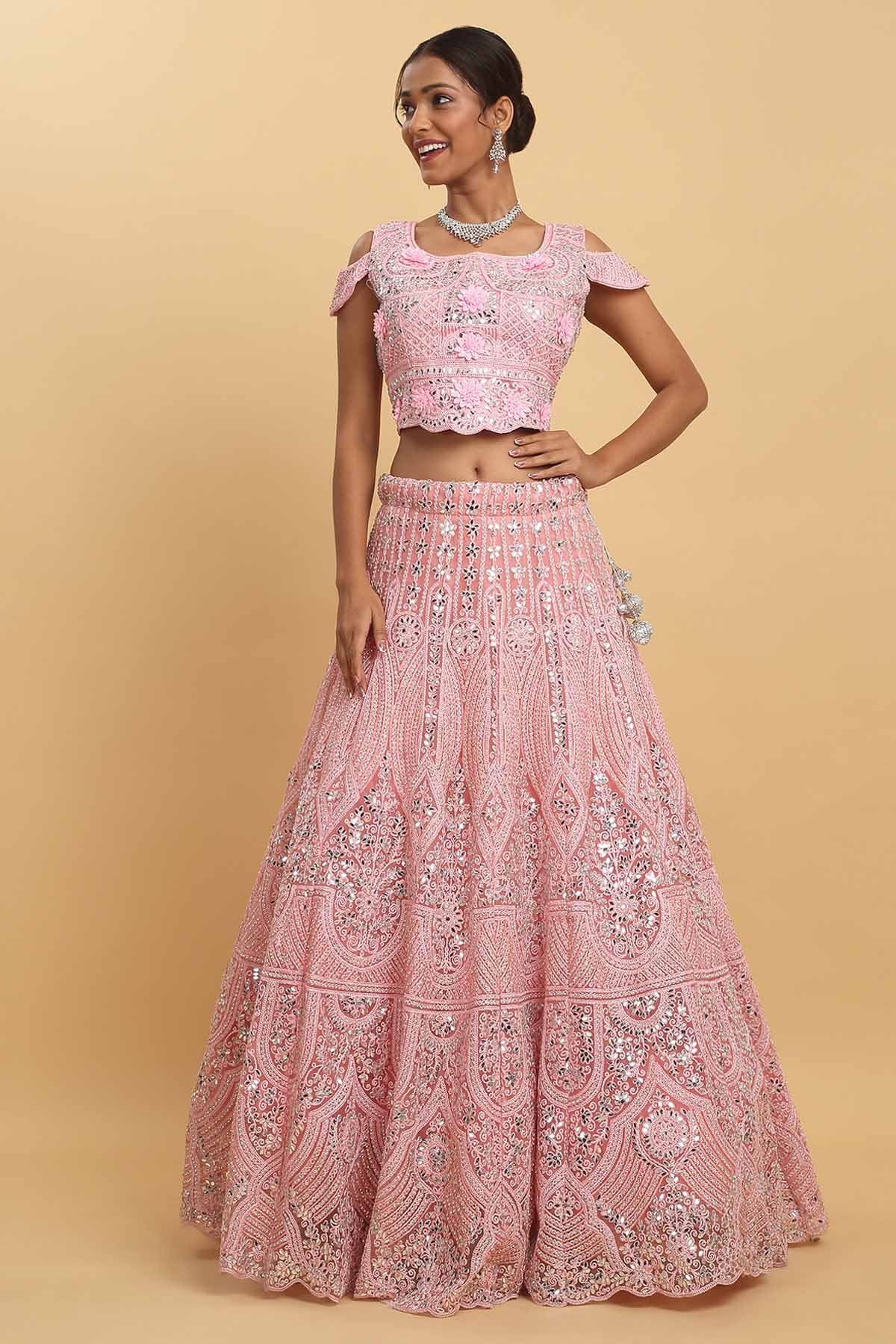 Pink Net Mirror Work Lehenga Set
