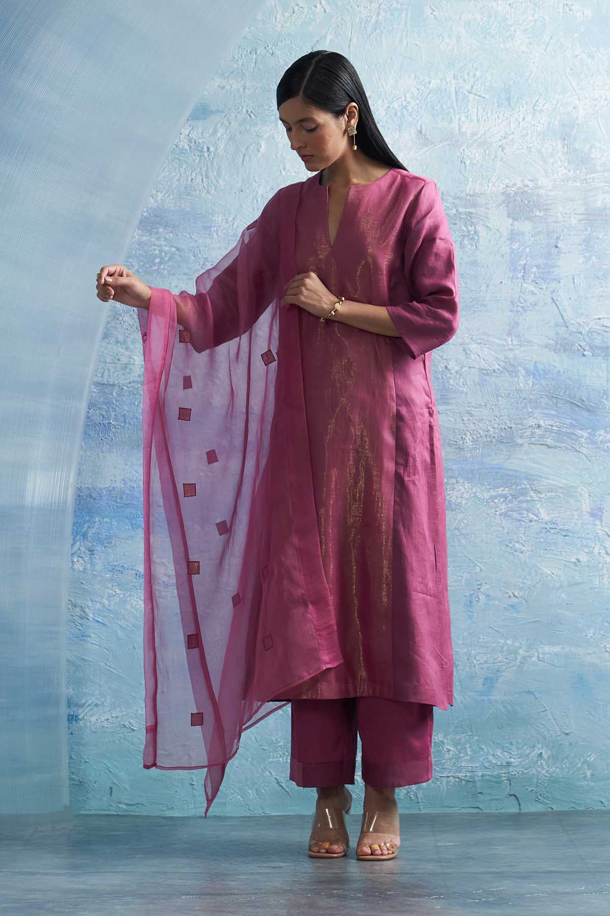 Buy Pink Notch Neck A-Line Kurta Set by Charkhee for women online at ScrollnShops