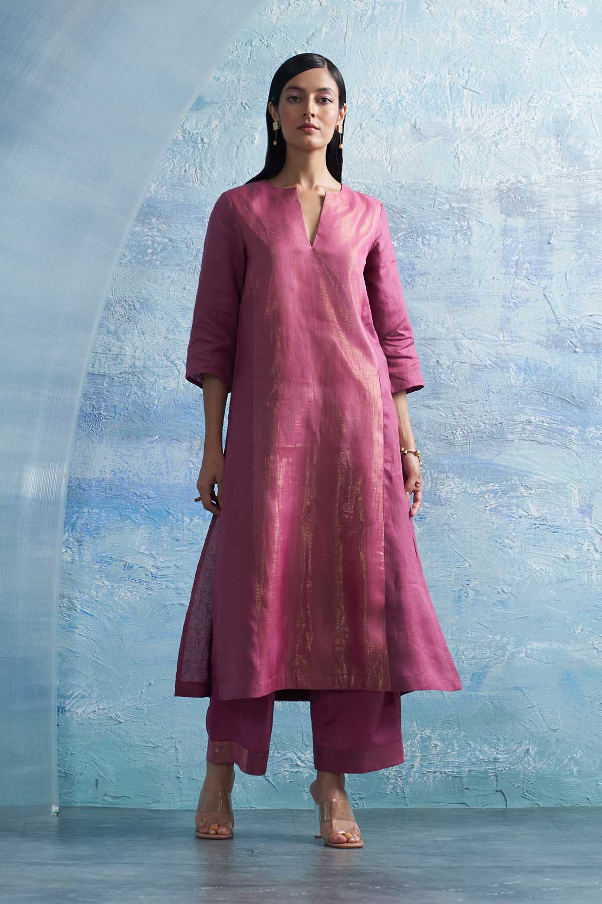 Pink Notch Neck A-Line Kurta Set