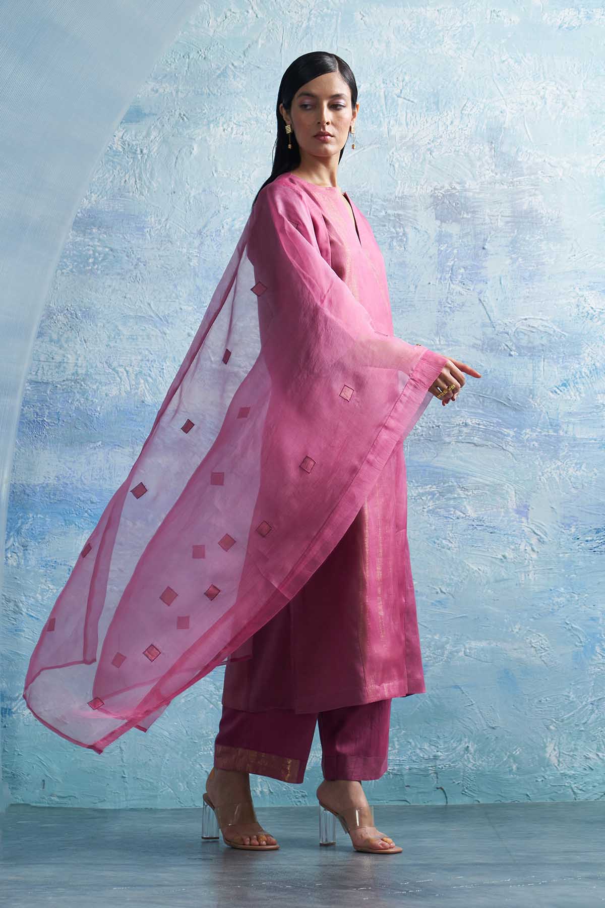 Pink Notch Neck A-Line Kurta Set
