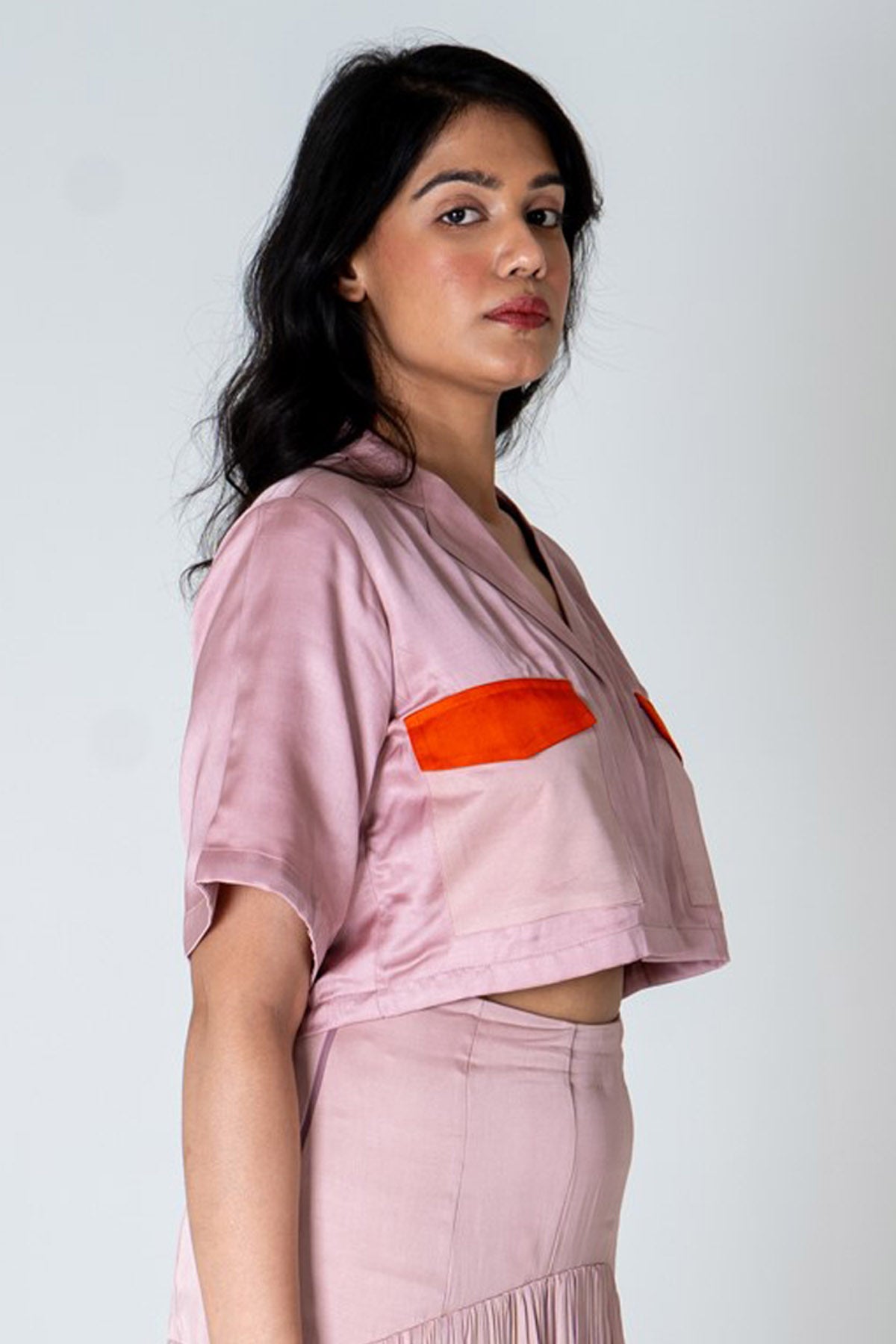 Pink Notched Collar Crop Top