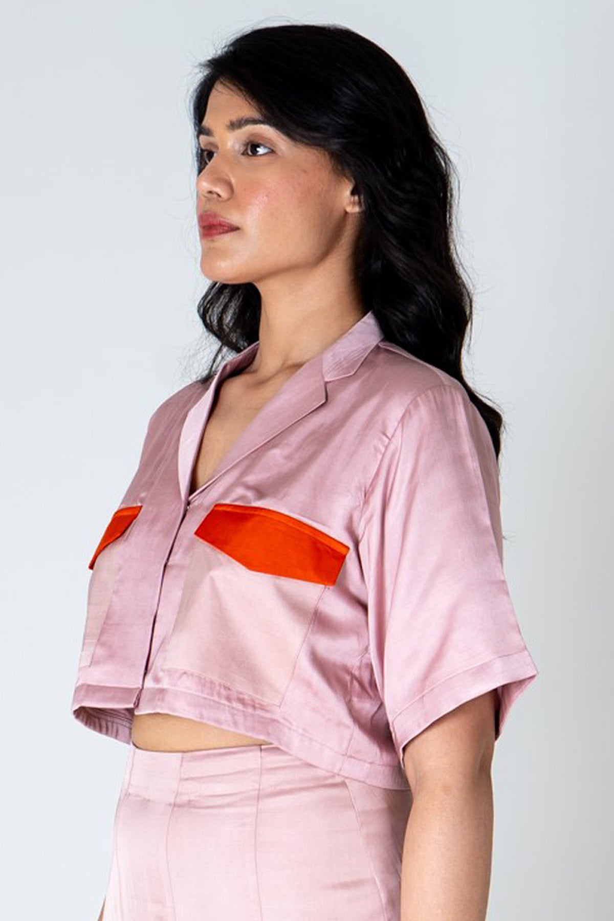 Pink Notched Collar Crop Top