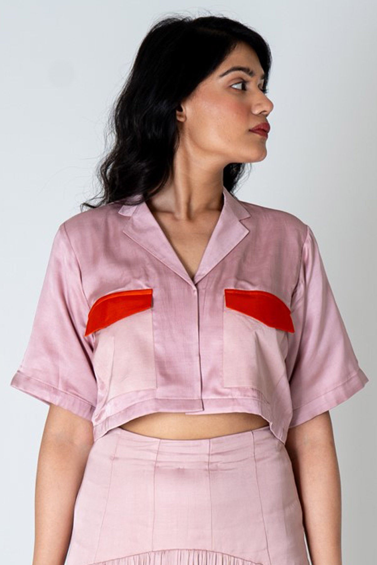 Neora by Nehal Chopra Pink Notched Collar Crop Top for women online at ScrollnShops