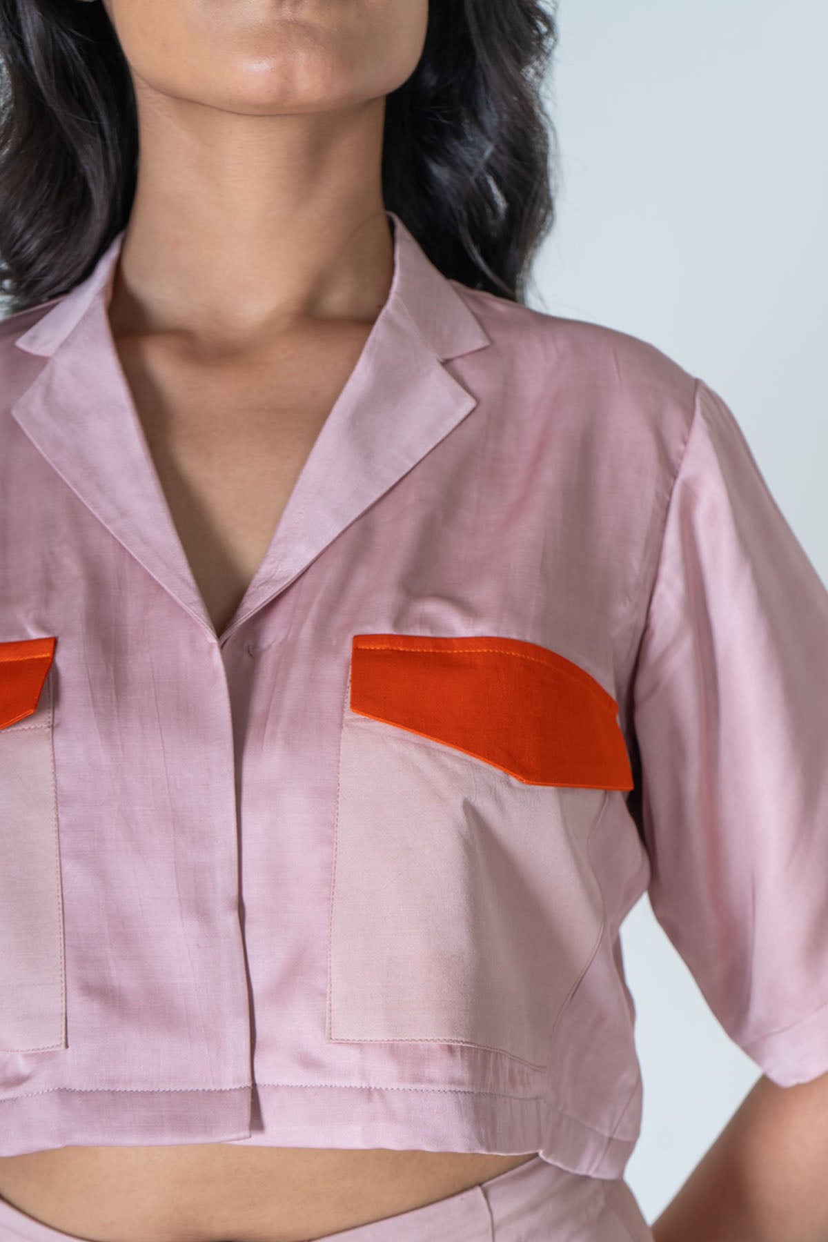 Pink Notched Collar Crop Top