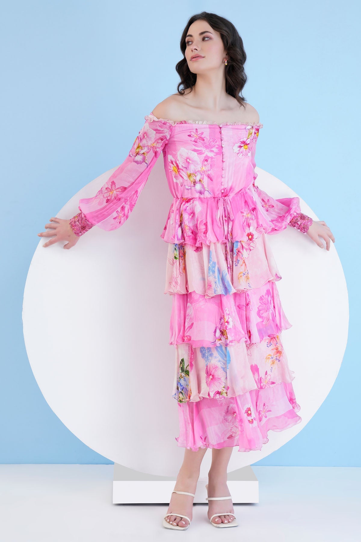 Buy Pink Off Shoulder Tiered Dress by Mandira Wirk