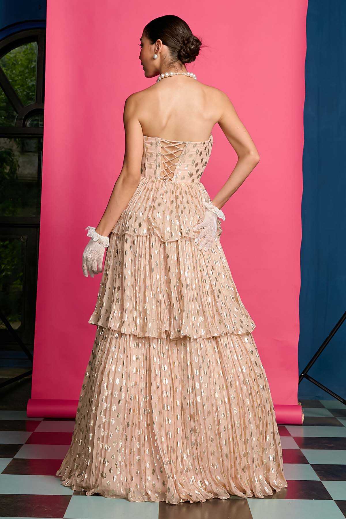 Pink Off Shoulder Tiered Gown