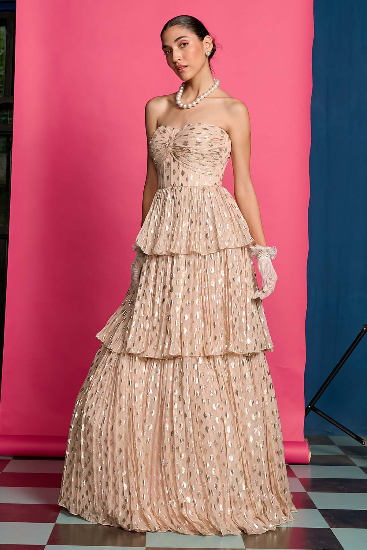 Pink Off Shoulder Tiered Gown