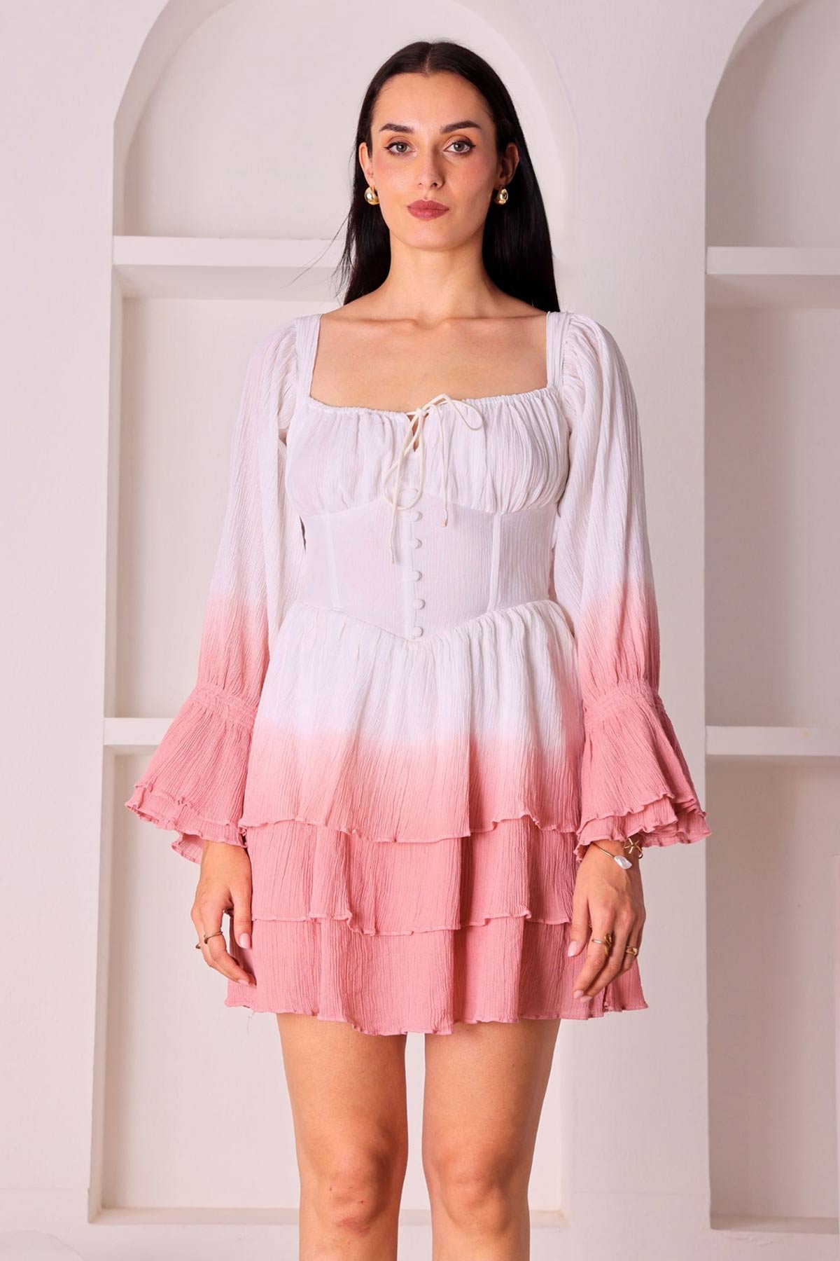 Pink Ombre Cotton Ruffled Dress