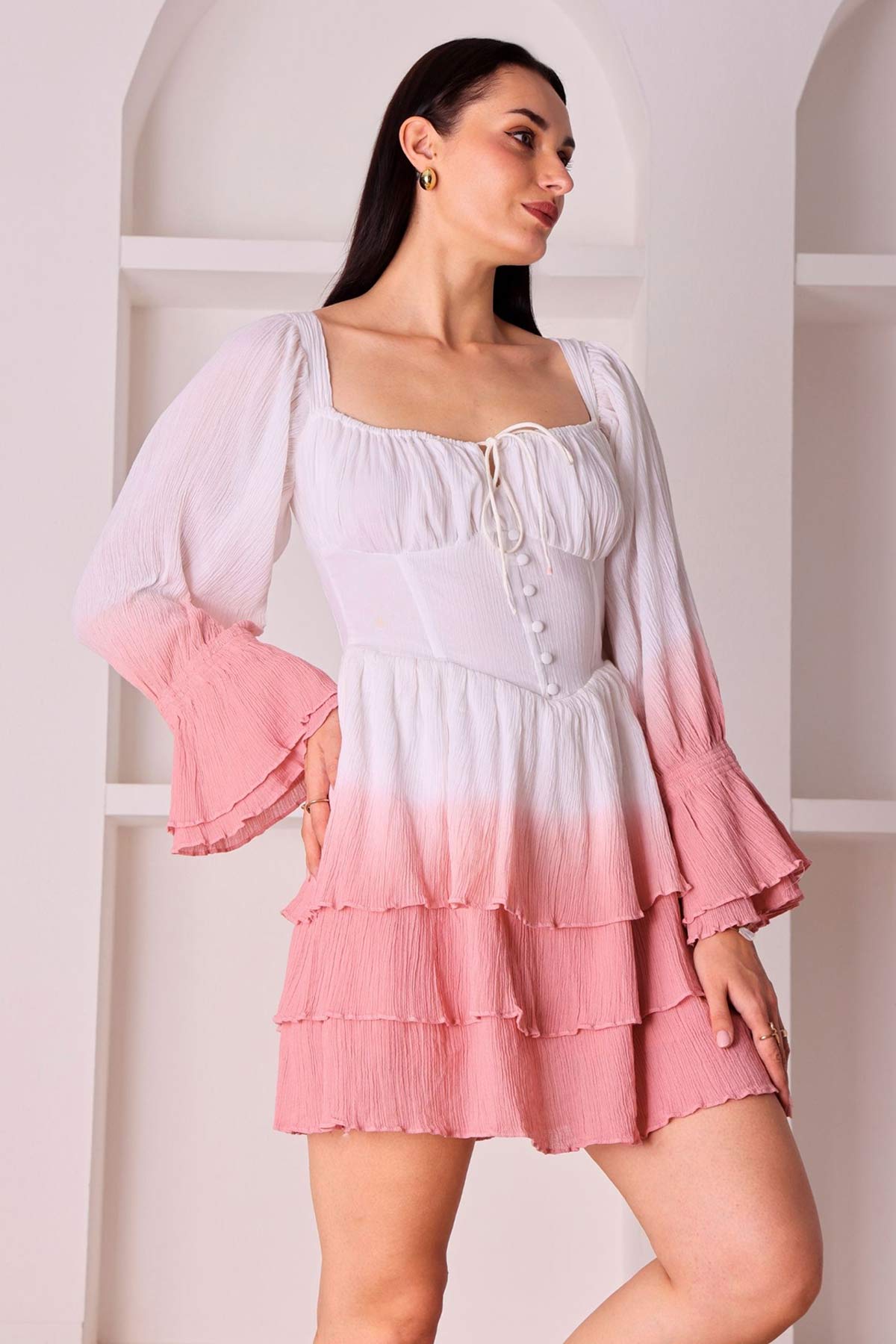Pink Ombre Cotton Ruffled Dress