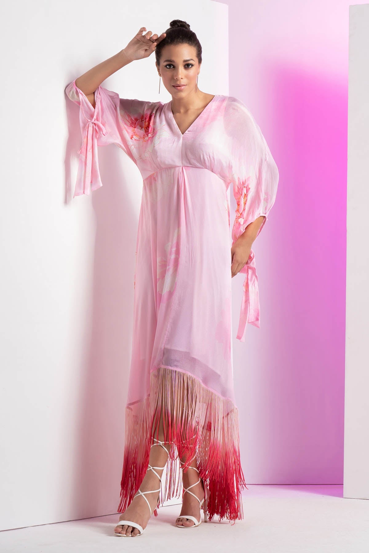 Buy Pink Ombre Fringes Dress by Mandira Wirk