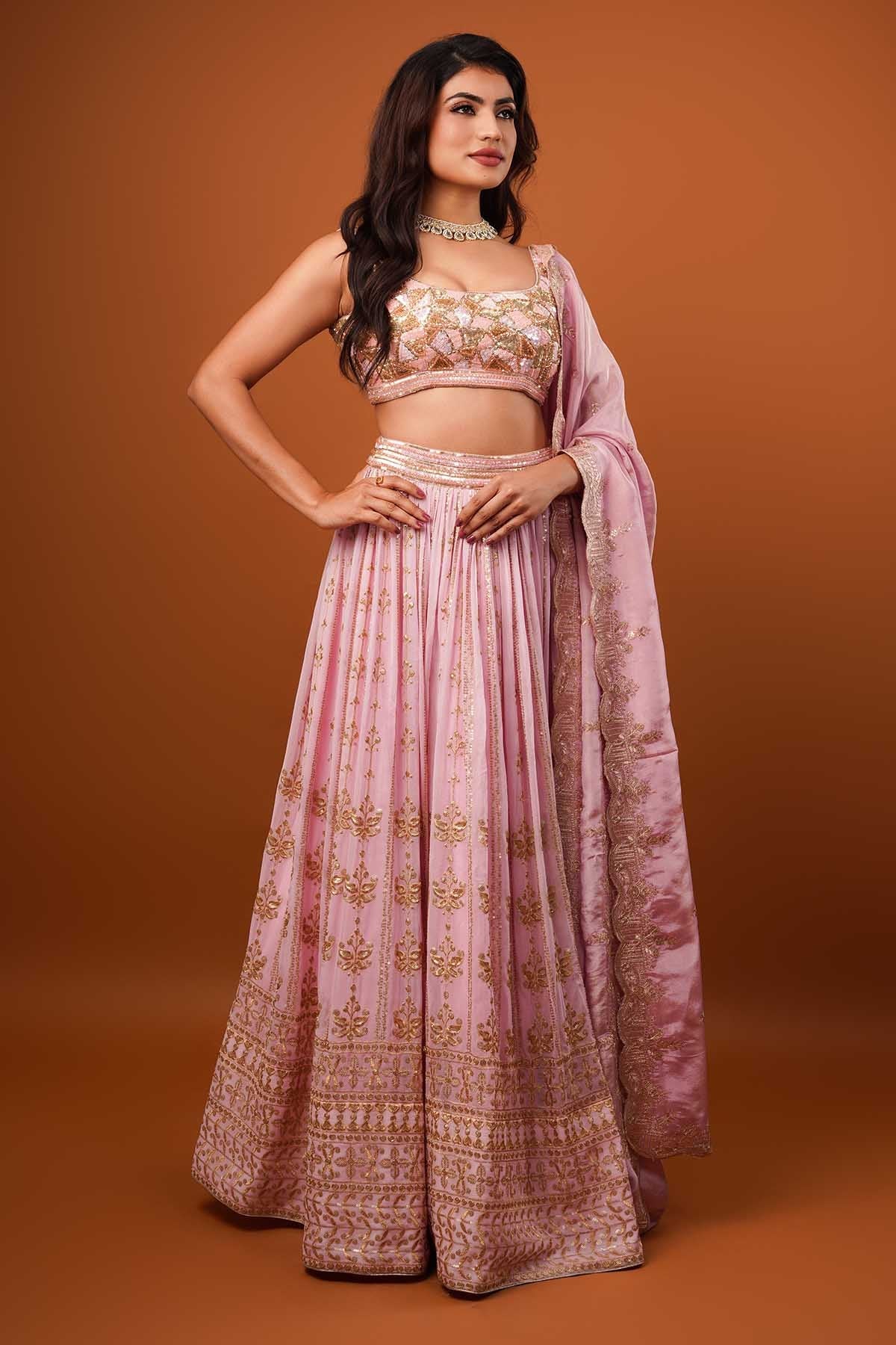 Ajay & Priyanka Pink Ombre Georgette Lehenga Set for women online at ScrollnShops