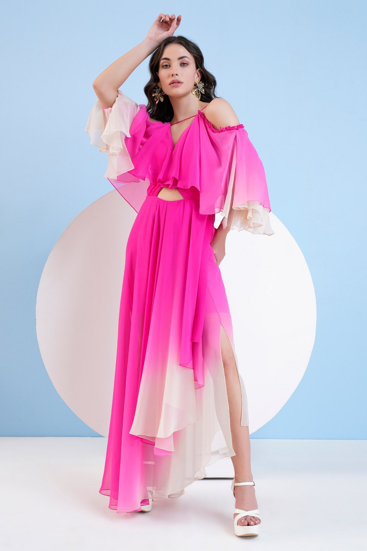 Buy Mandira Wirk Blushing Cascade: Flowy Pink Ombre Georgette Dress For Women at ScrollnShops