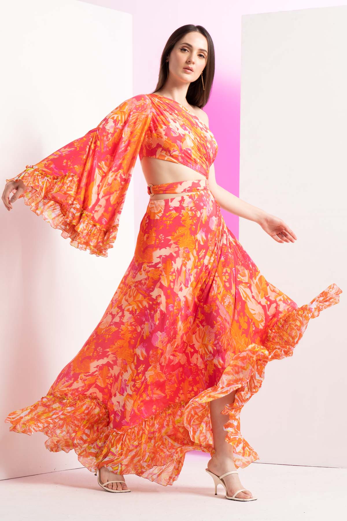 Buy Pink One Shoulder Blossom Dress by Mandira Wirk
