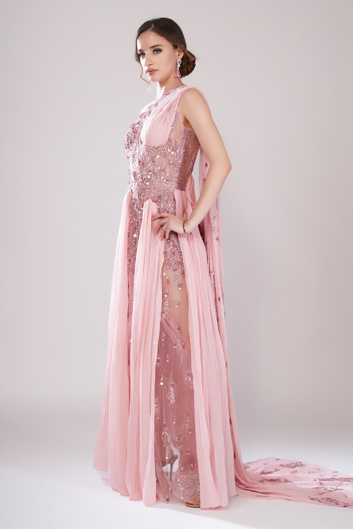 Pink One Shoulder Drape Gown