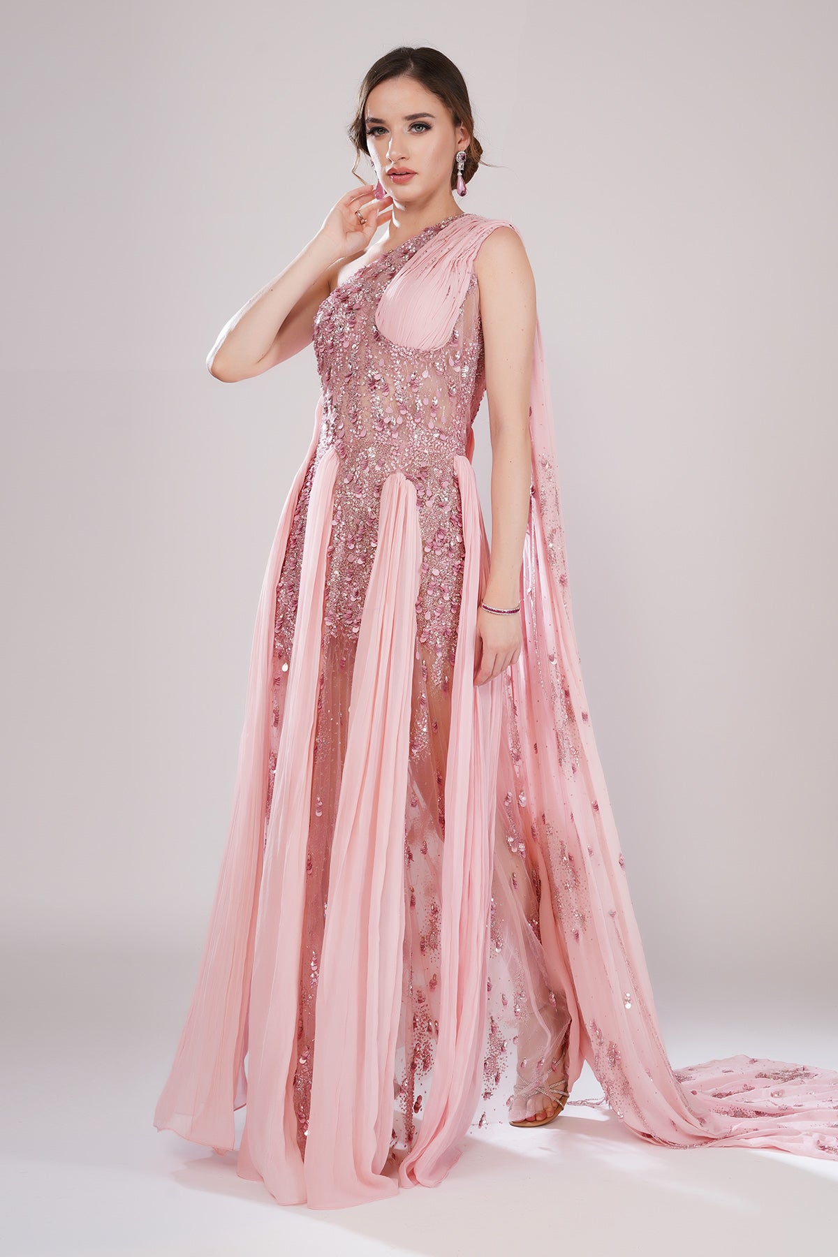 Pink One Shoulder Drape Gown