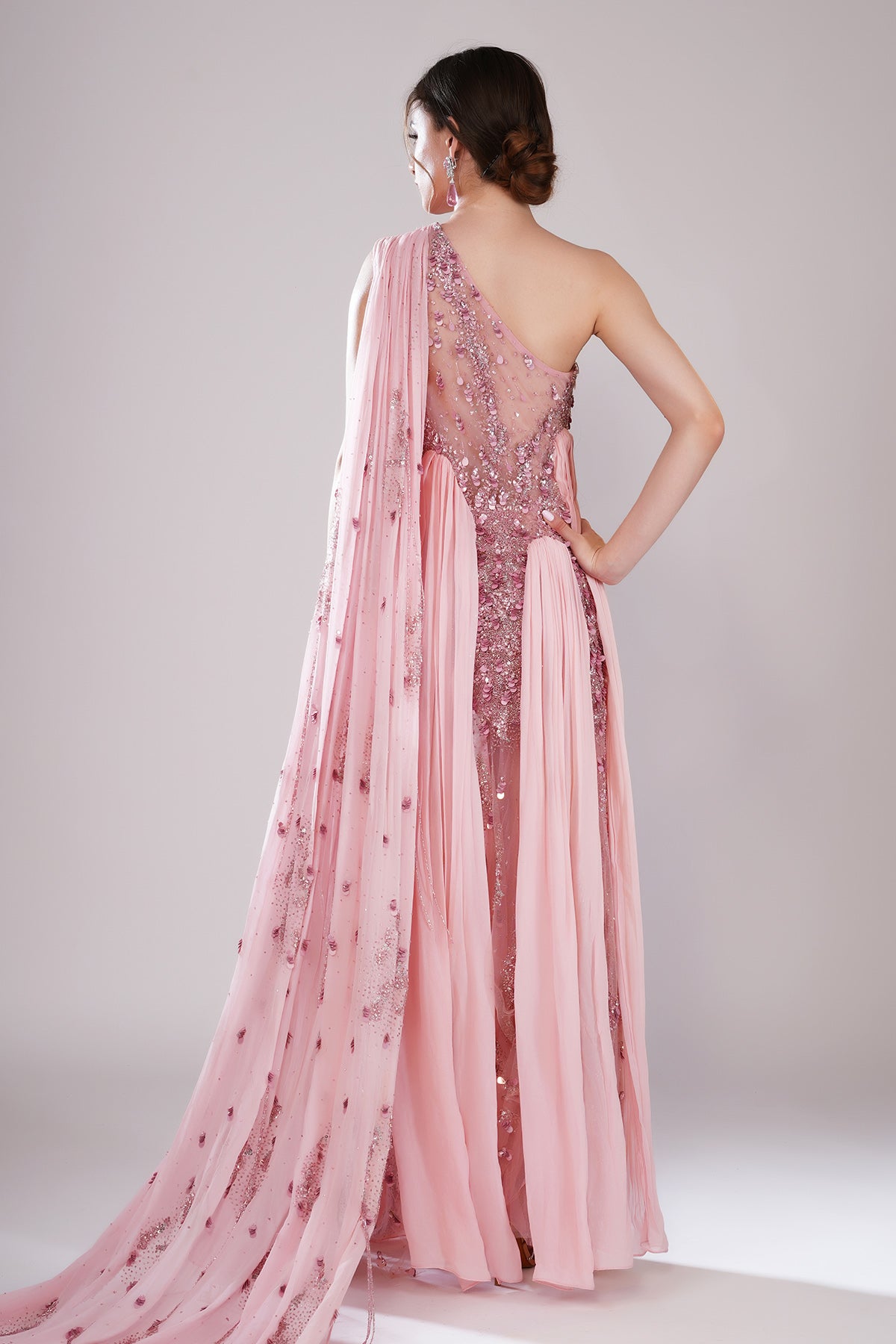 Pink One Shoulder Drape Gown