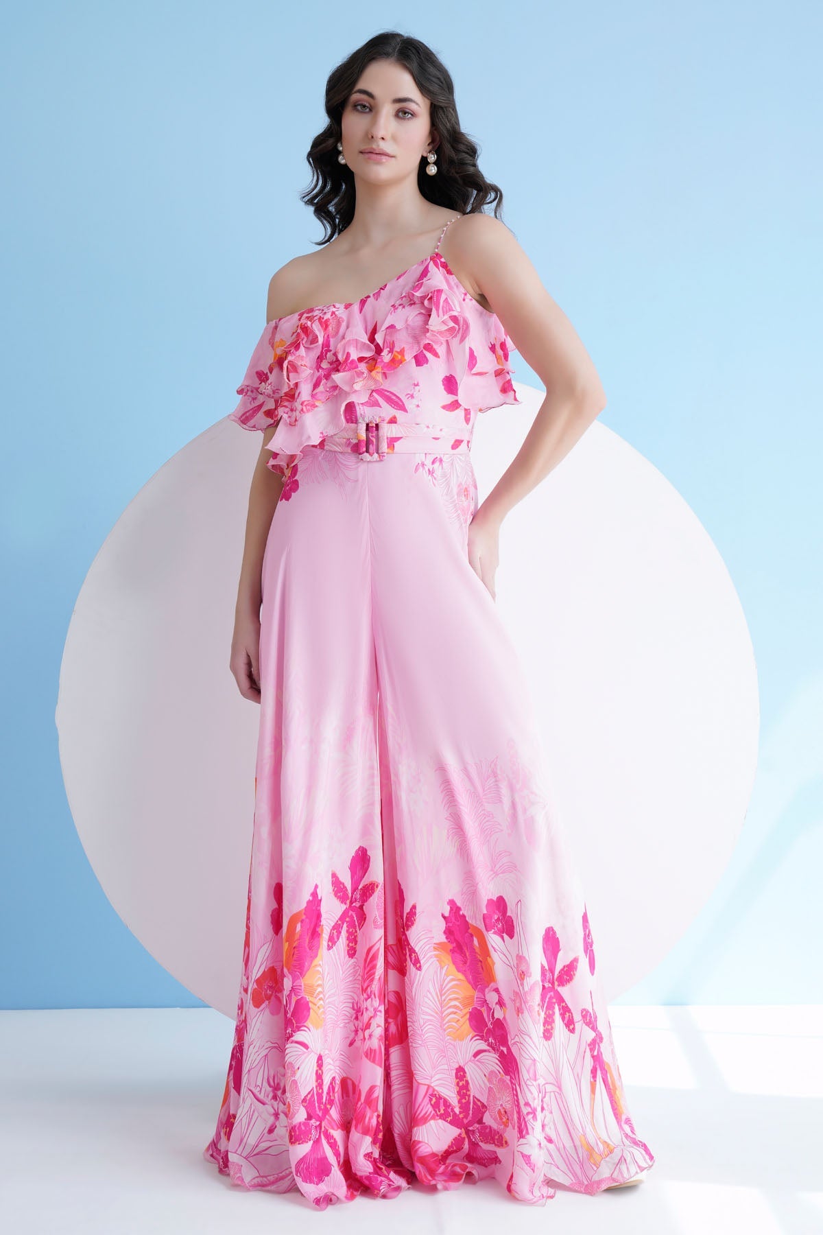 Buy Pink One Shoulder Jumpsuit by Mandira Wirk