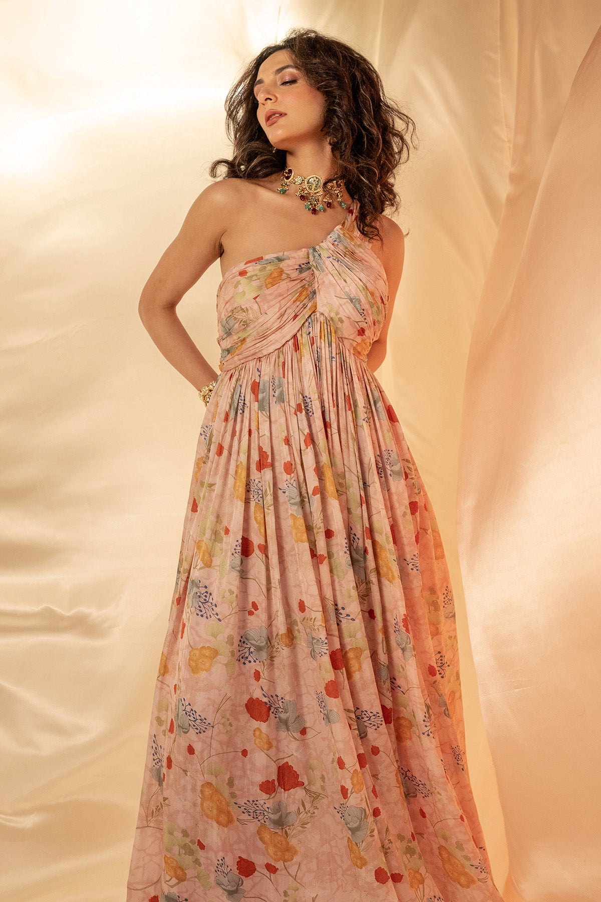 Pink One Shoulder Pleated Dress