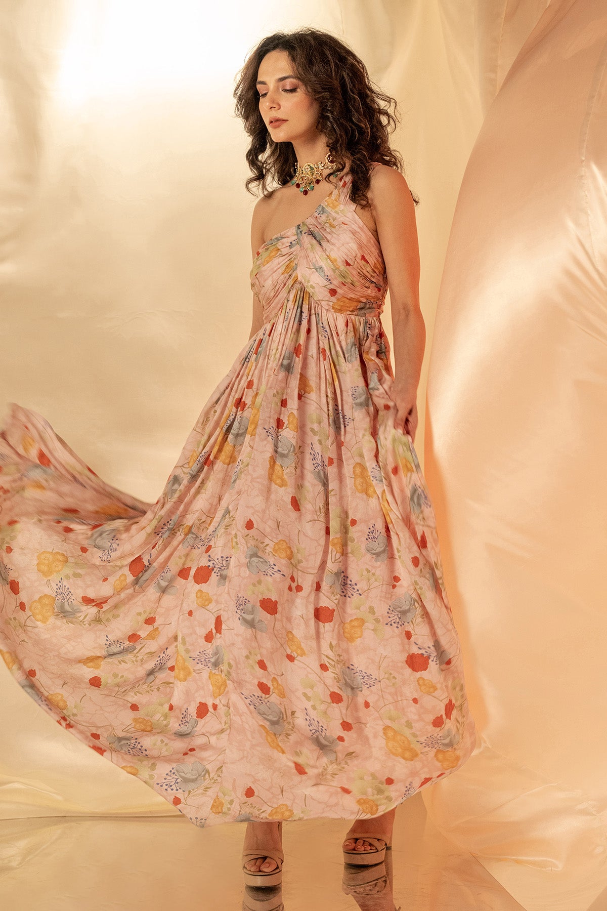 Pink One Shoulder Pleated Dress