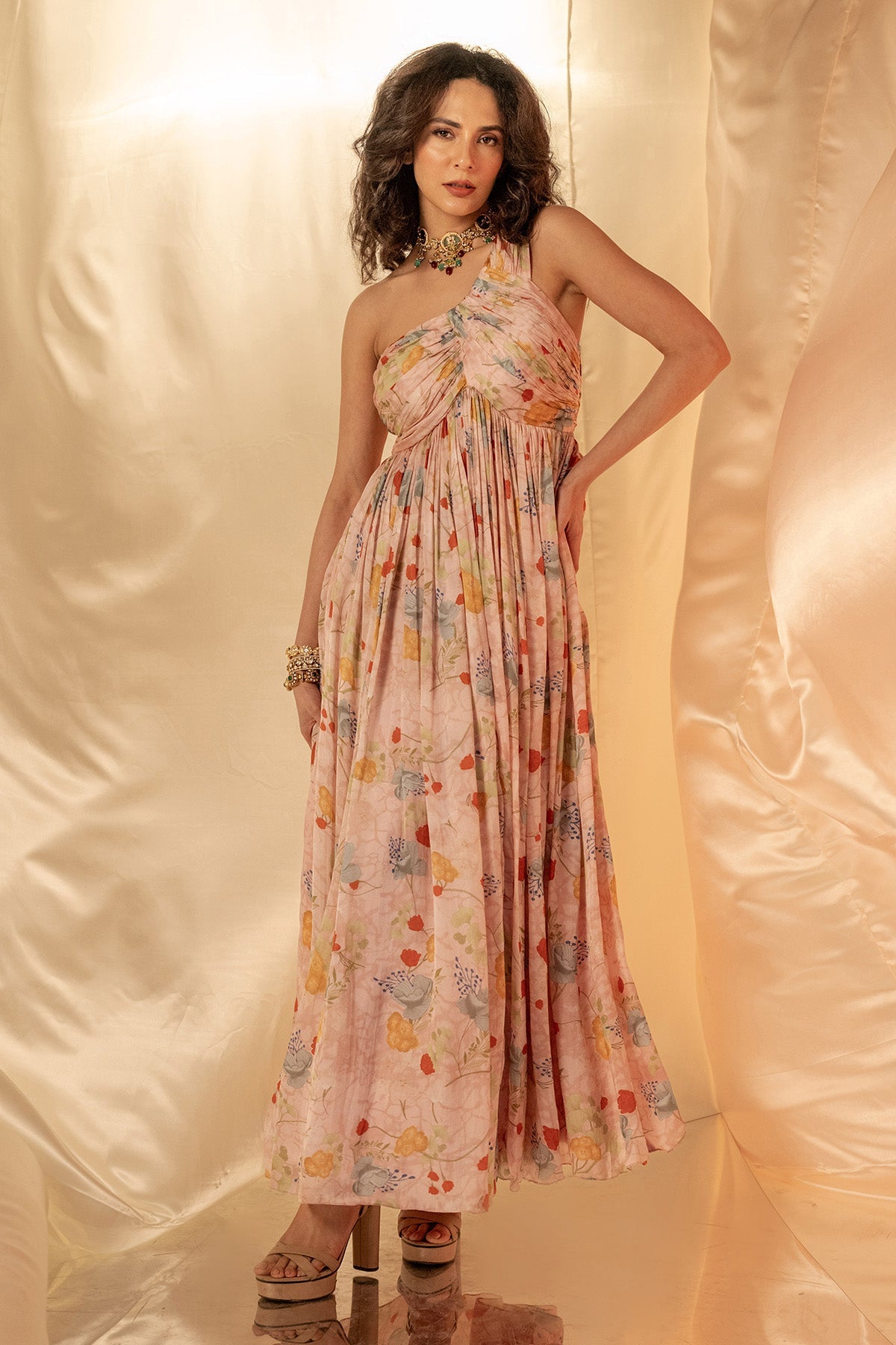 Buy Pink One Shoulder Pleated Dress by Shristi Chetani for women online at ScrollnShops