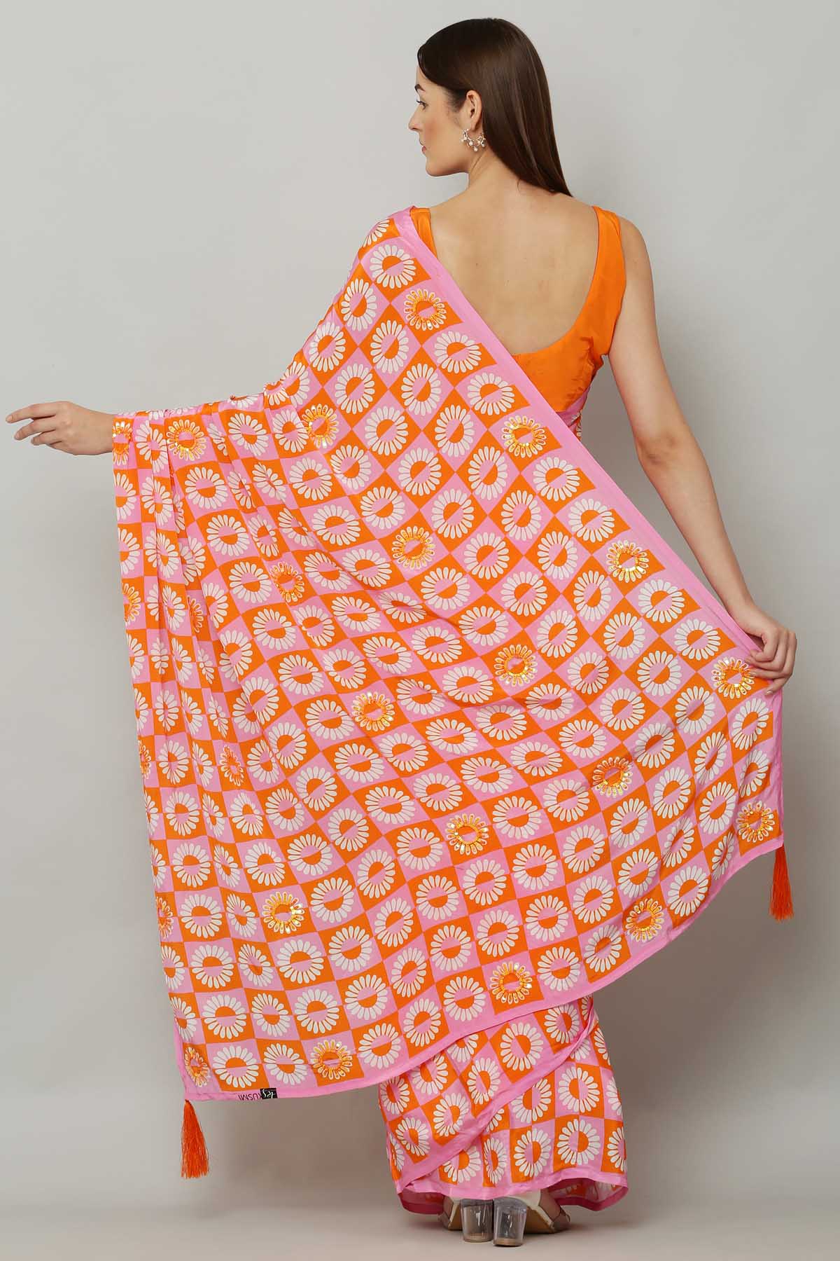 Pink & Orange Printed Saree
