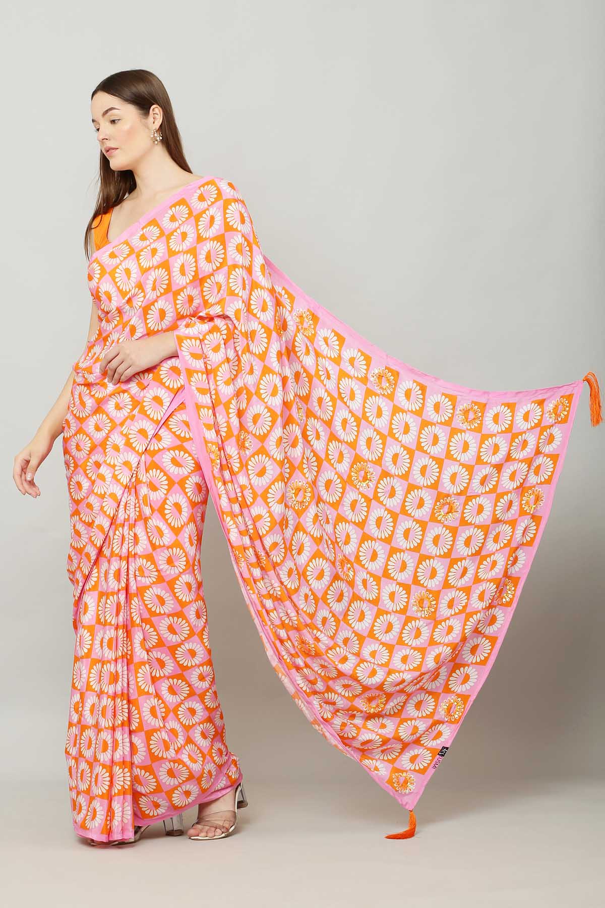 Pink & Orange Printed Saree