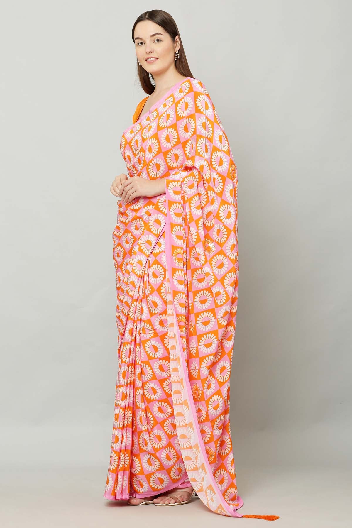 Pink & Orange Printed Saree