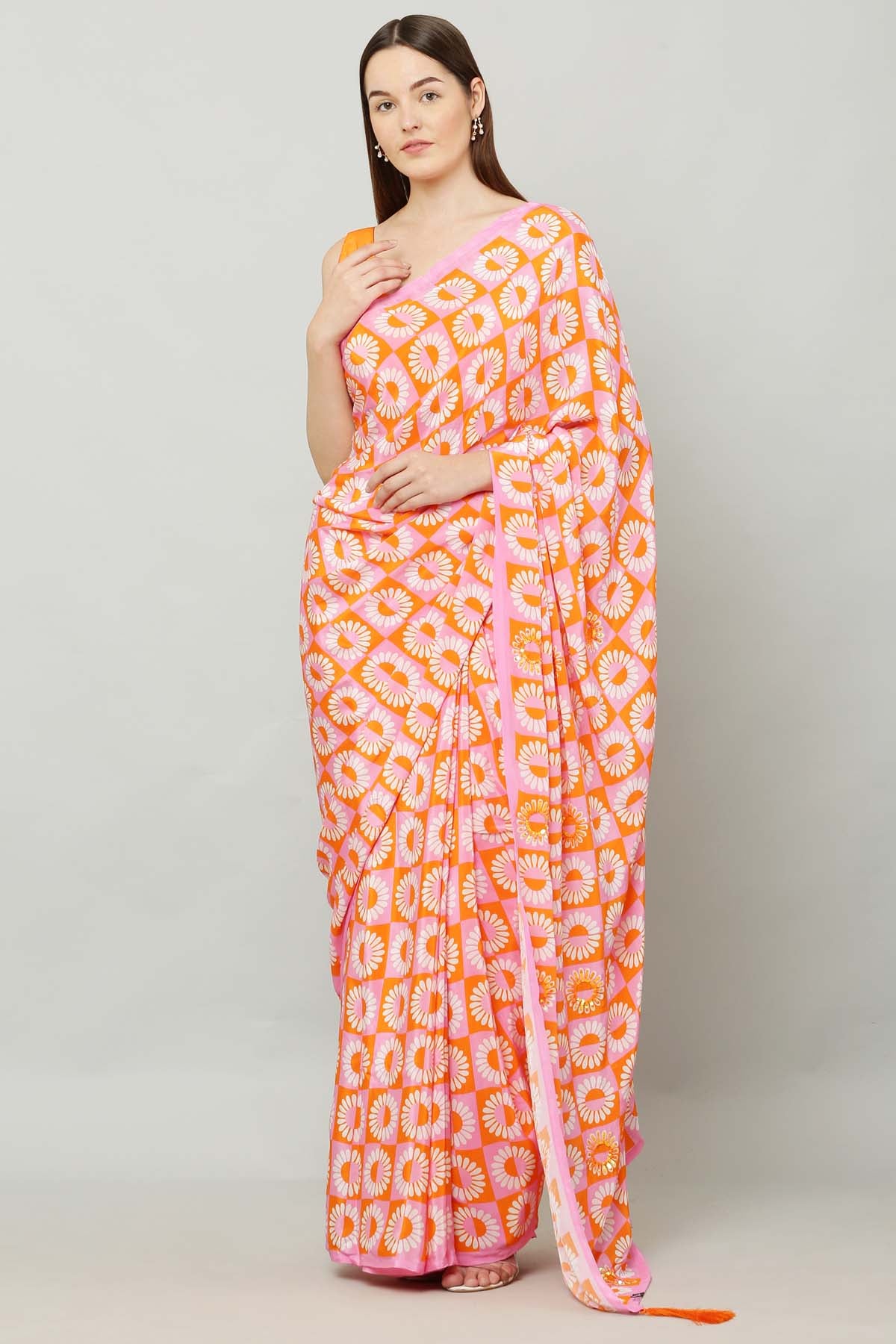 Pink & Orange Printed Saree
