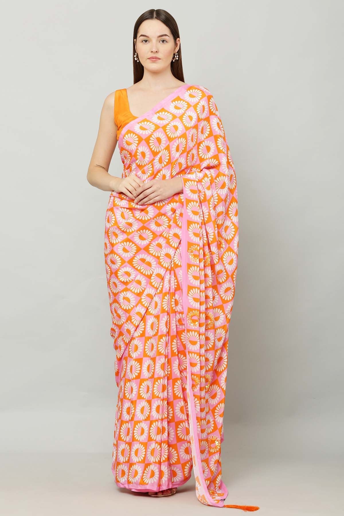 Designer Kusmi Dawnlight Delight: Vibrant Orange & Pink Crepe Saree For Women at ScrollnShops