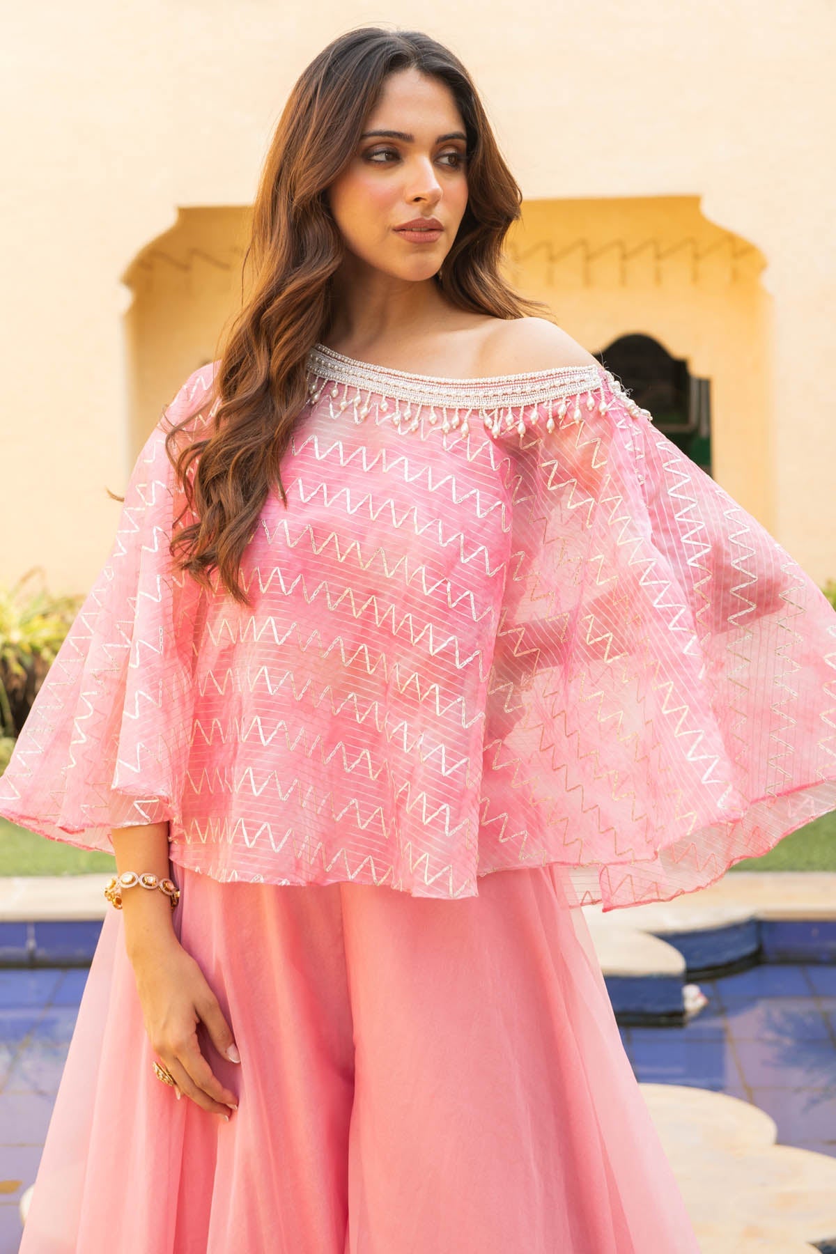 Ajiesh Oberoi Pink Organza Indo-Western Set for women online at ScrollnShops