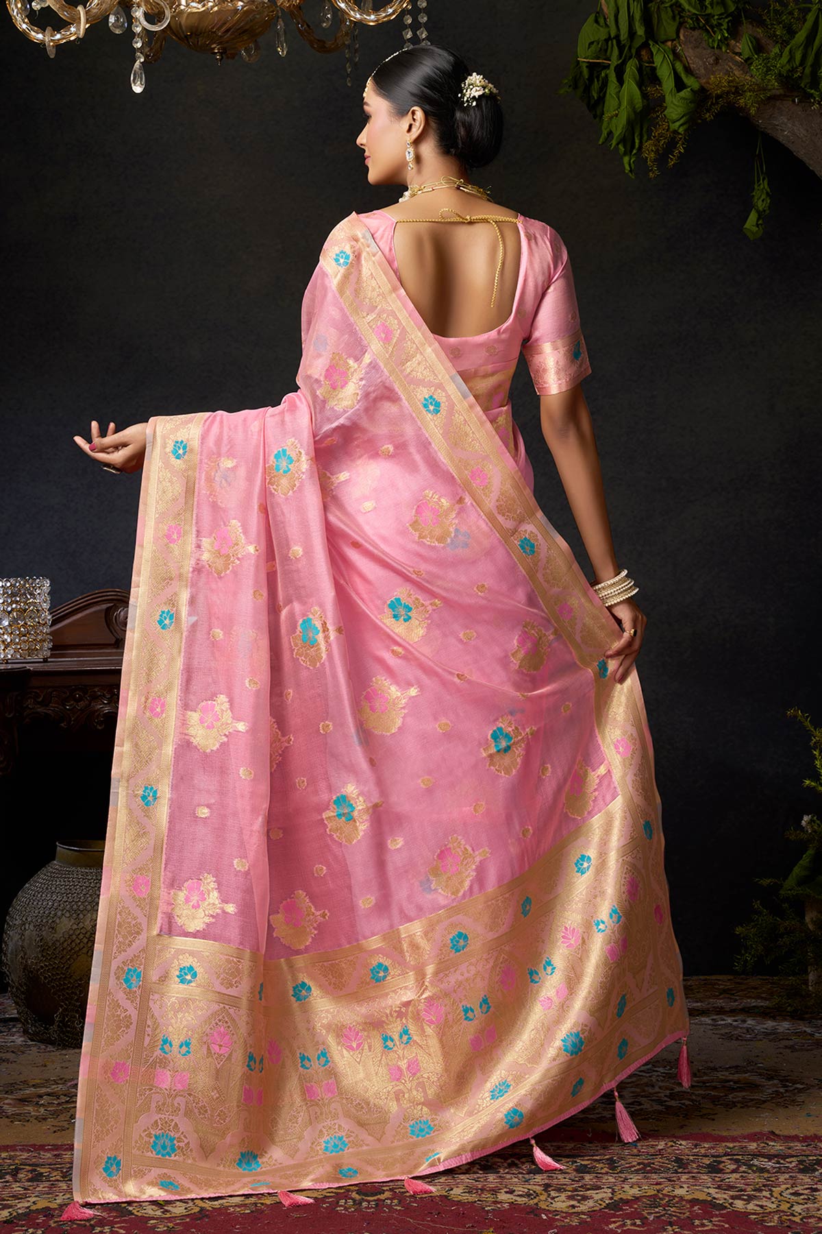 Pink Organza Khadi Woven Saree