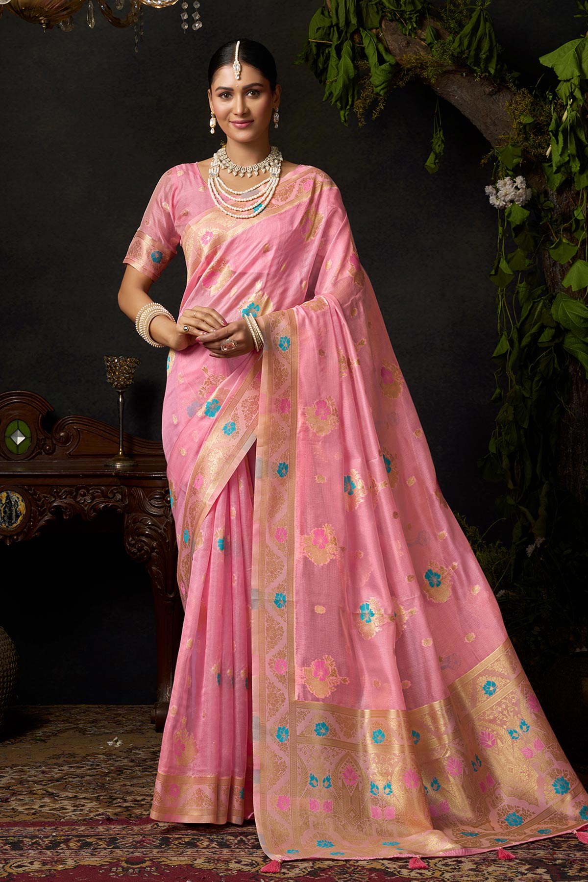 Buy Pink Organza Khadi Woven Saree for women by Jyoti Fashion online available at scrollnshops