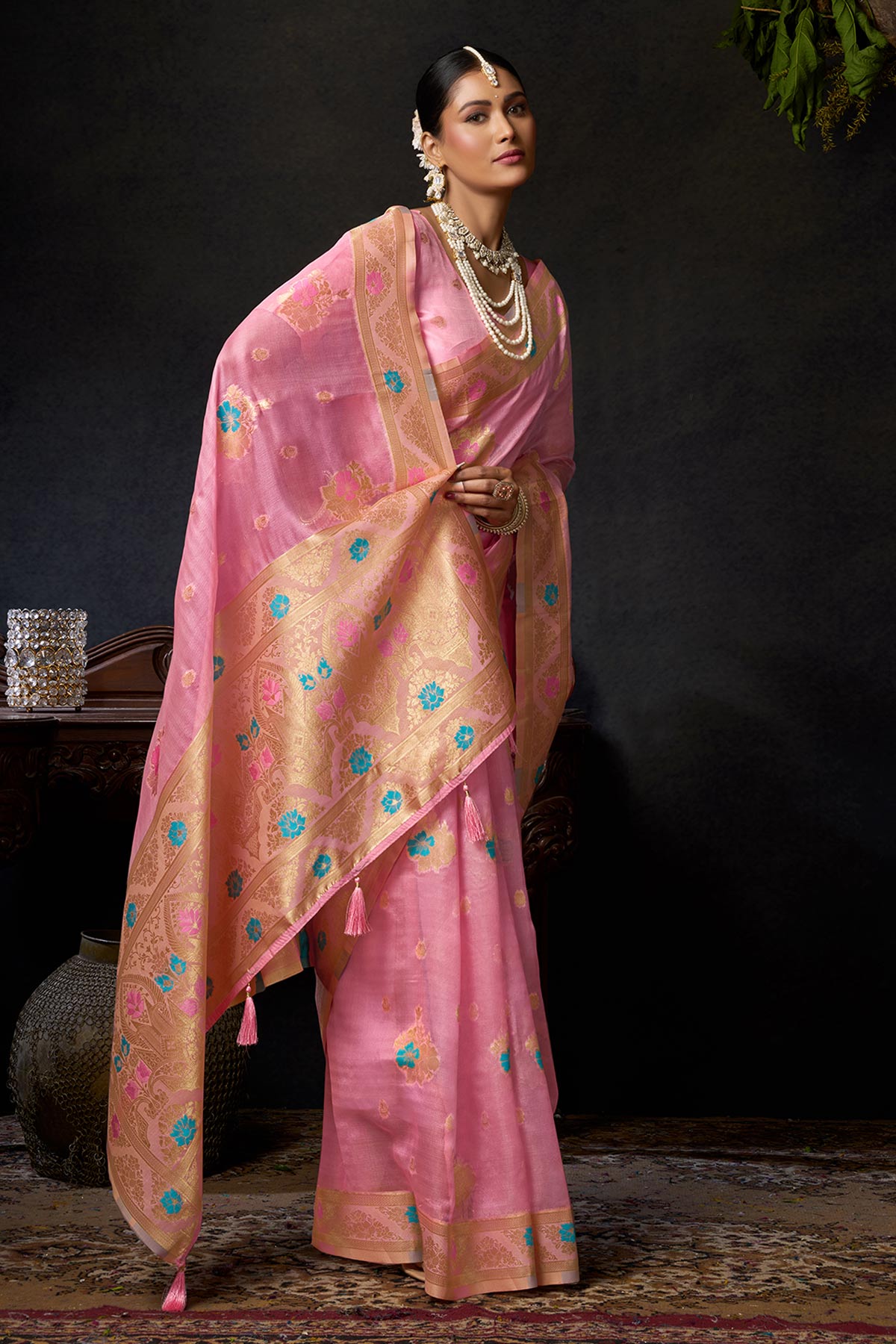 Pink Organza Khadi Woven Saree