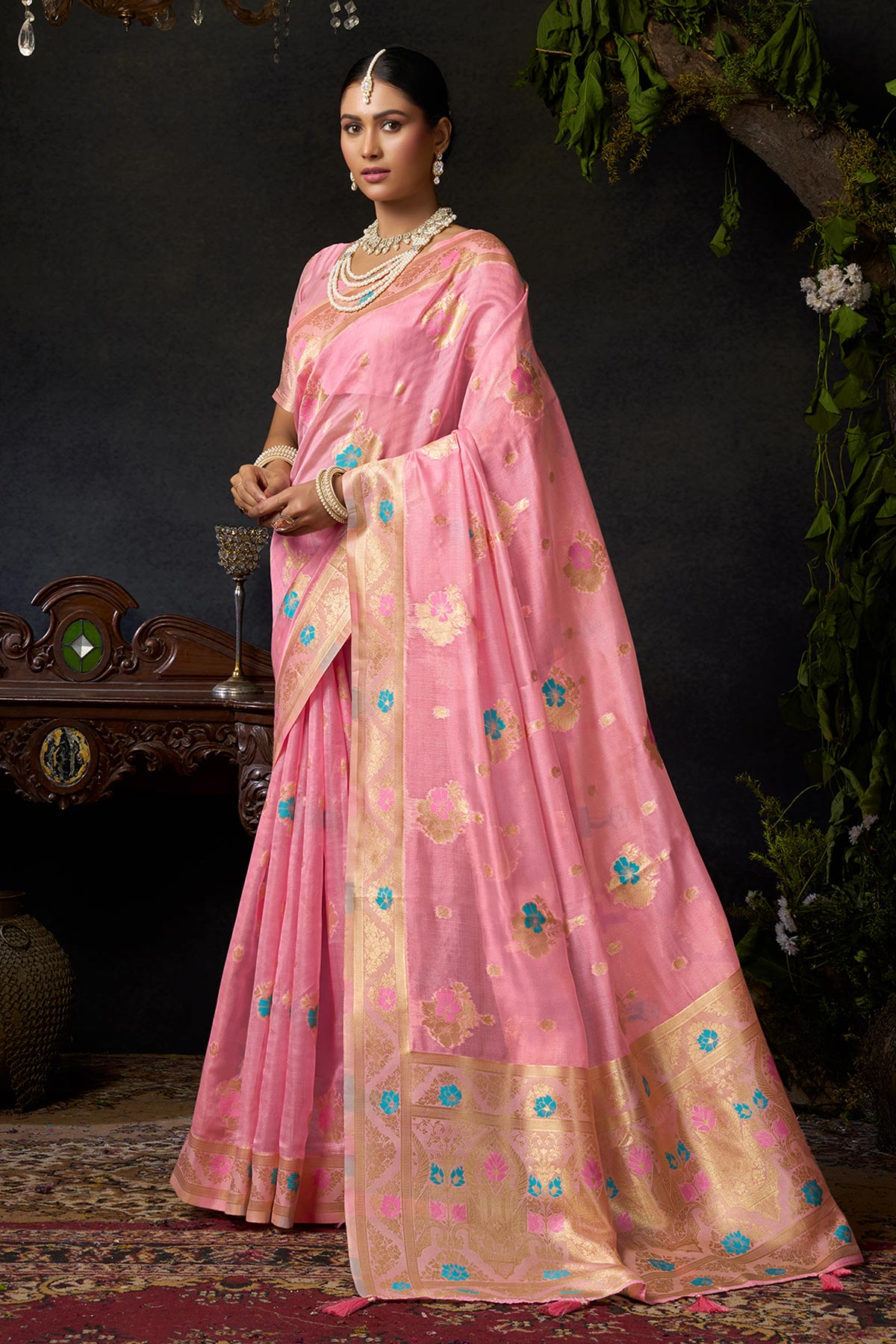 Pink Organza Khadi Woven Saree