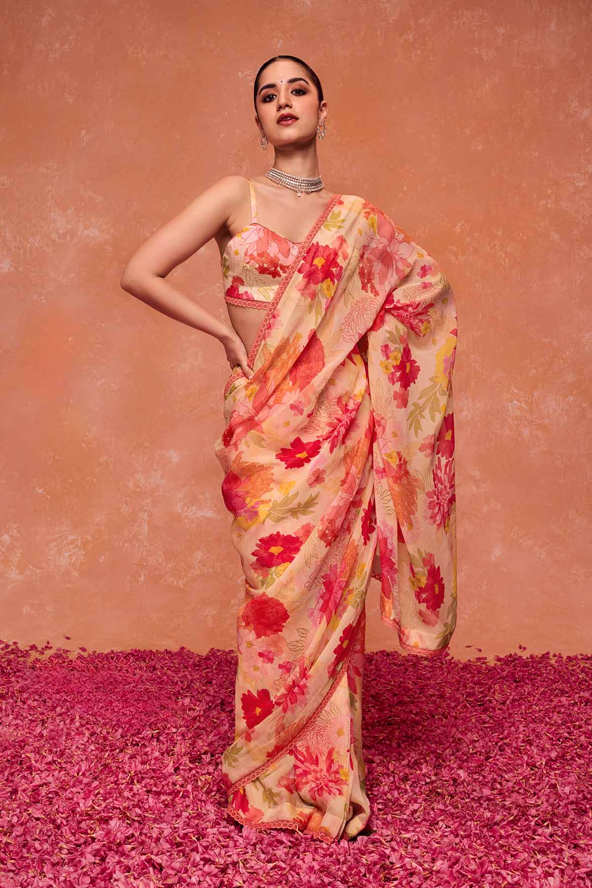 Buy Pink Organza Lace Printed Saree by Dohr India for women online at ScrollnShops