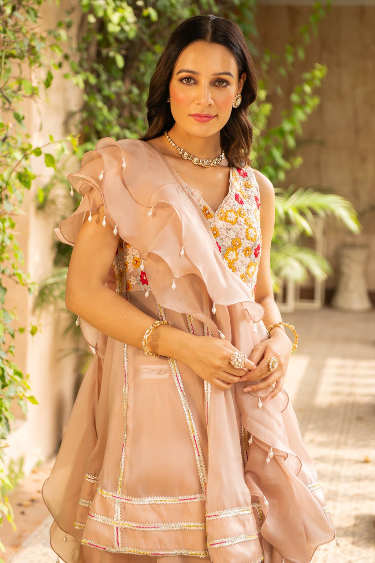 Pink Organza Peplum Kurta Set