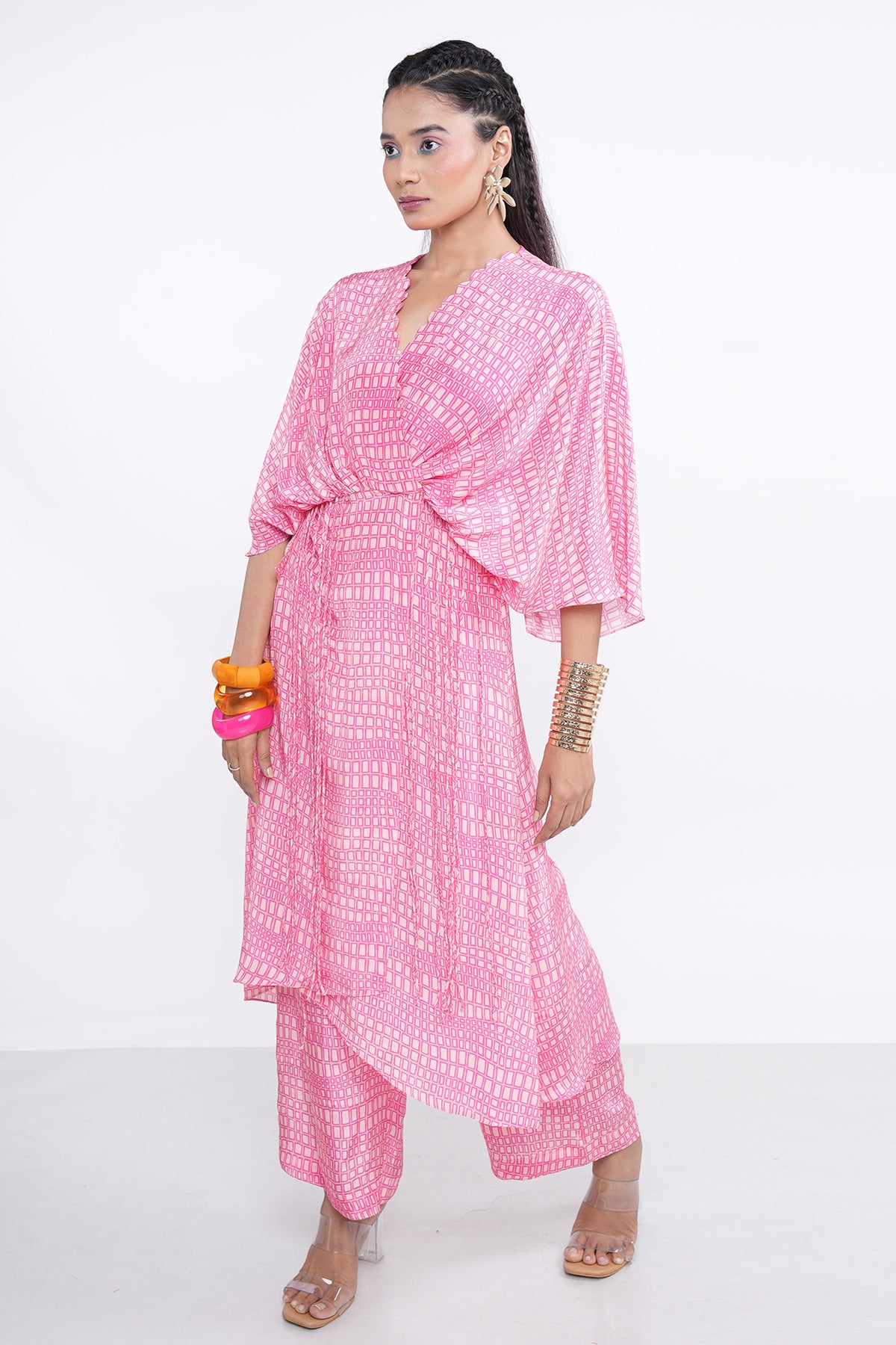 Pink Overlap Kimono Kurta Set
