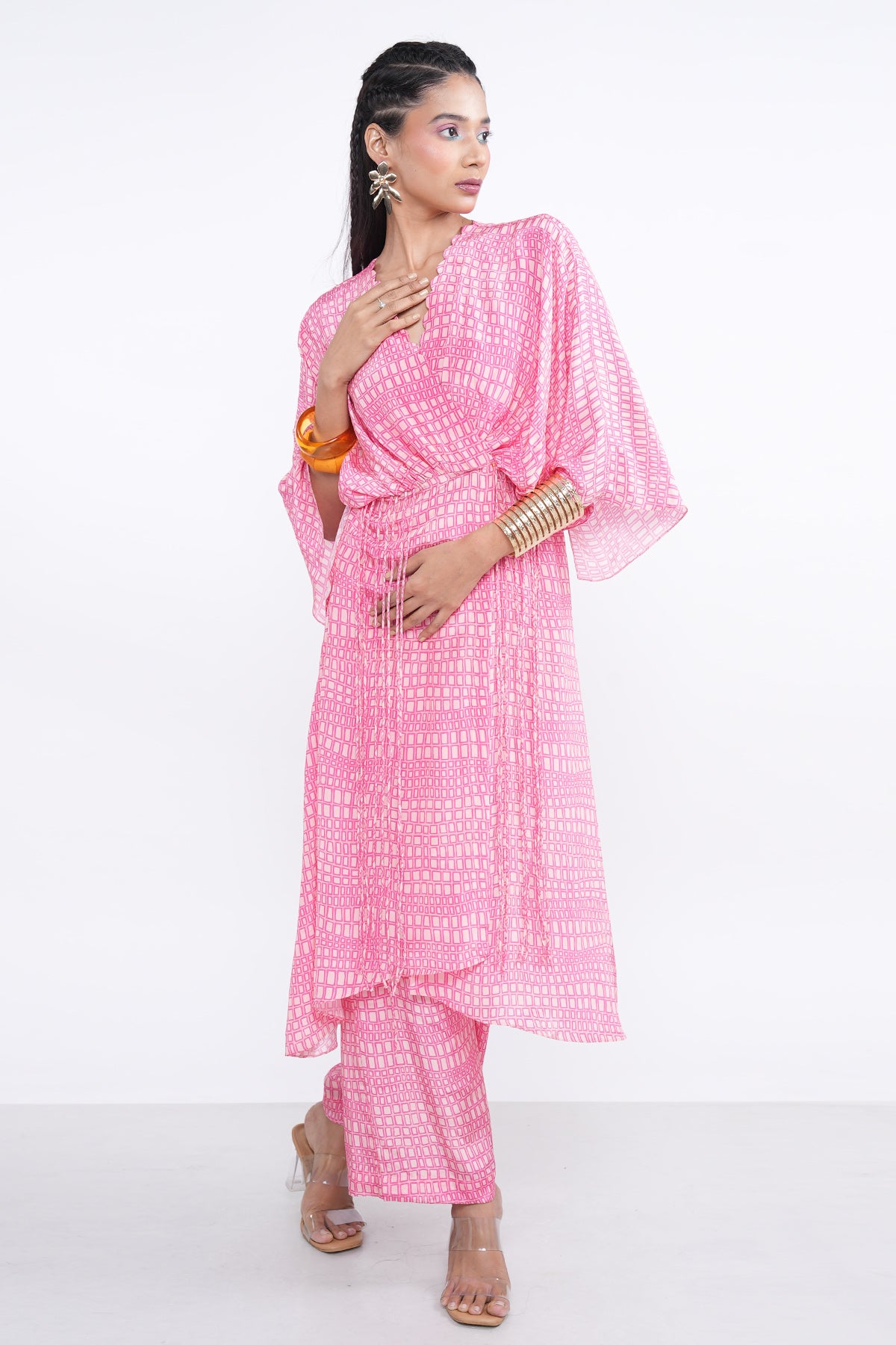 Pink Overlap Kimono Kurta Set