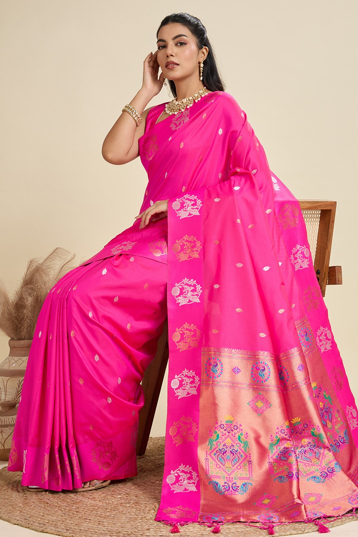 Buy Pink Paithani Saree & Blouse for Women Online available at ScrollnShops