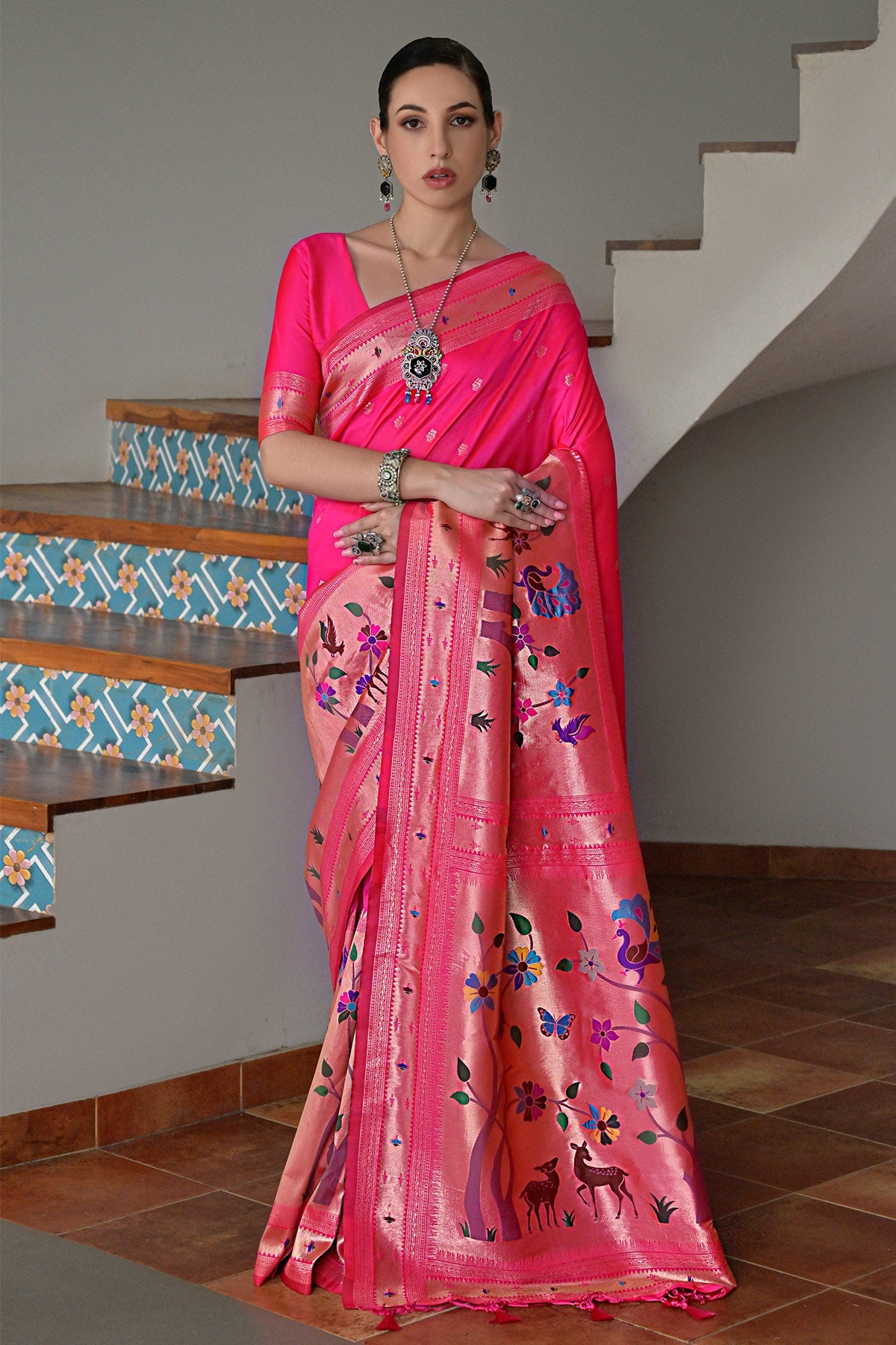 Buy Pink Paithani Silk Woven Saree for women by Lili Lala Designer online available at scrollnshops