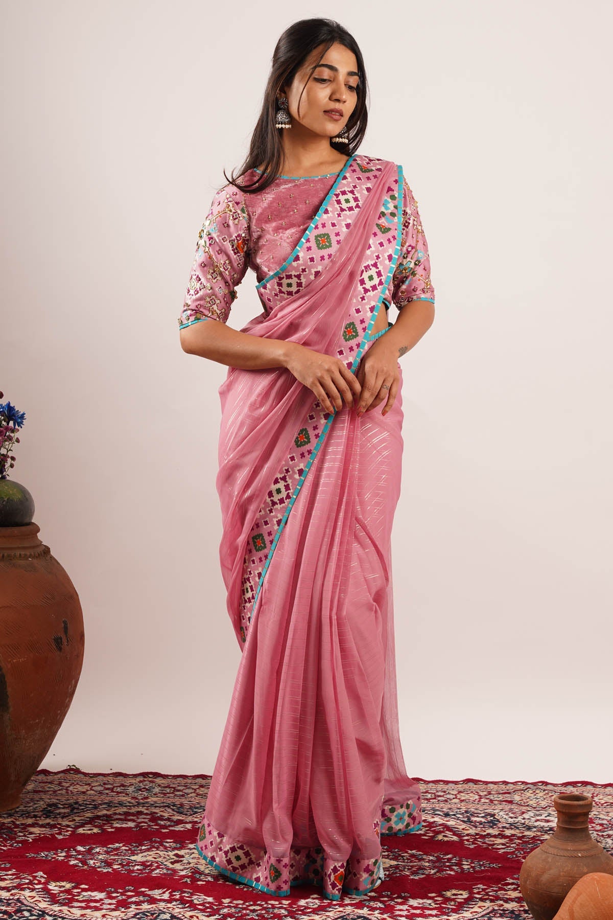 Seharre Pink Patola Pre Draped Saree for women online at ScrollnShops