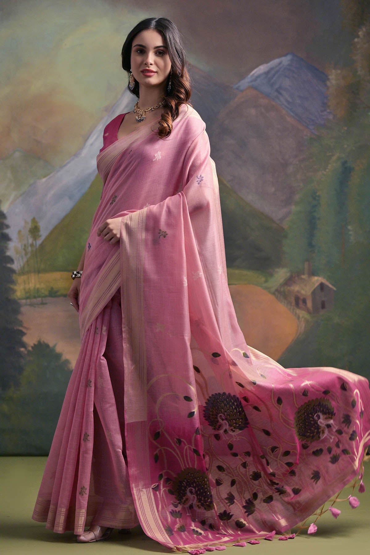 Buy Pink Peacock Thread Work Saree by Lili Lala for women online at ScrollnShops