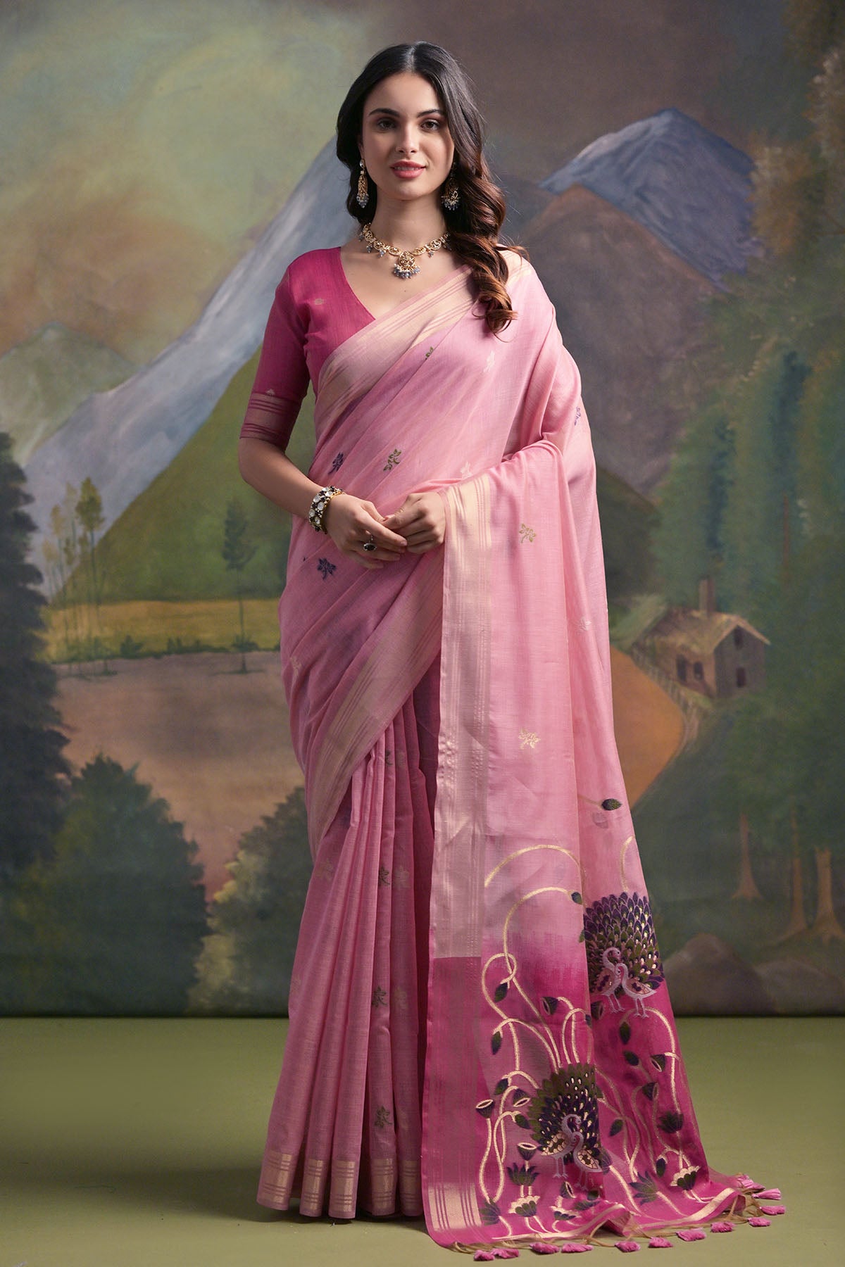 Pink Peacock Thread Work Saree